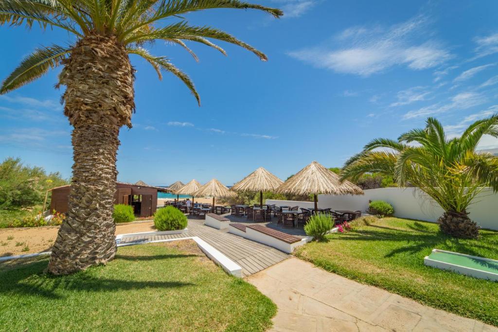 a palm tree in front of a resort at Hotel Porto Santo & Spa in Porto Santo