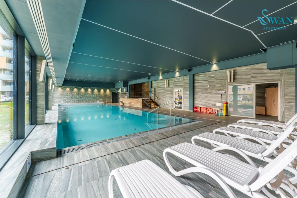 - une piscine avec des chaises blanches dans un bâtiment dans l'établissement SWAN Kołobrzeg Apartament KASPROWICZA 20C BASEN, SIŁOWNIA, BAWIALNIA - wszystko w cenie, à Kołobrzeg