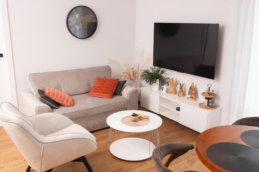 カルパチにあるApartamenty IDA - Górski Azylのソファとテレビのあるリビングルーム