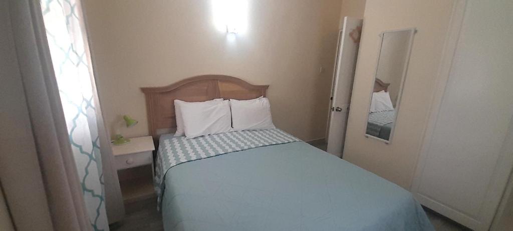 ein kleines Schlafzimmer mit einem Bett und einem Spiegel in der Unterkunft Ocean Bliss Apt 3-Quiet Retreat with Ocean View in Christchurch