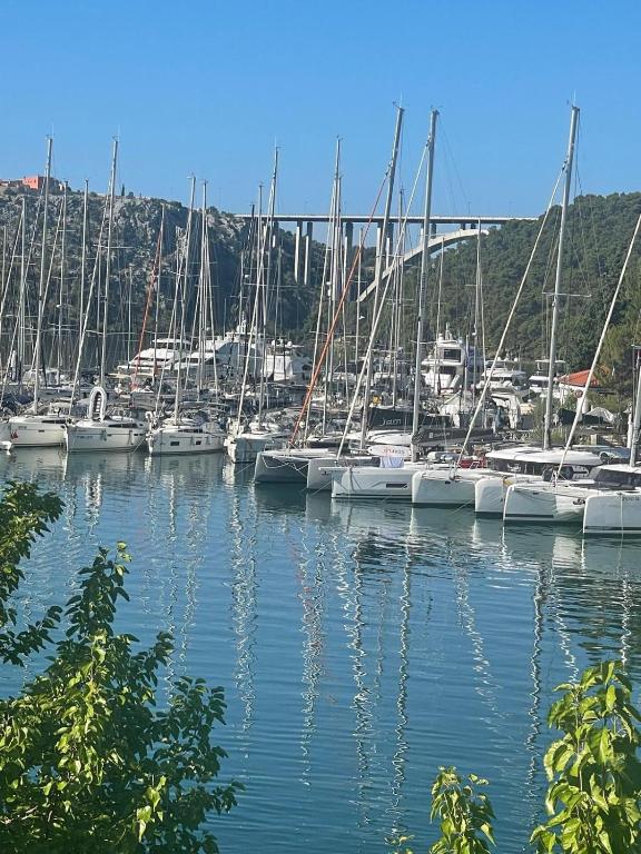 a bunch of boats are docked in a marina at Wine Garden old apartment with large terrace in Skradin