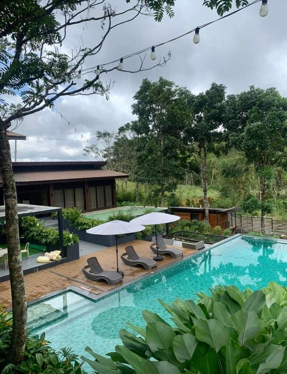 a pool with chairs and umbrellas next to a house at Casa Brisa Resort in Kayagan
