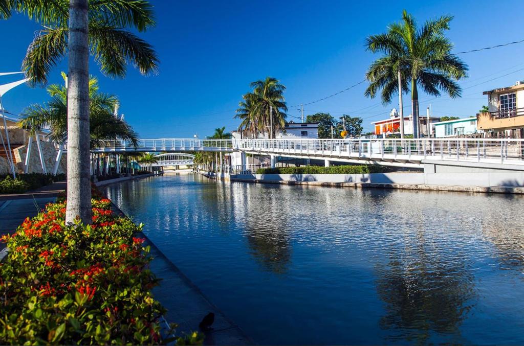 a river with a bridge and palm trees and flowers at Don Quijote de Tampico in Tampico