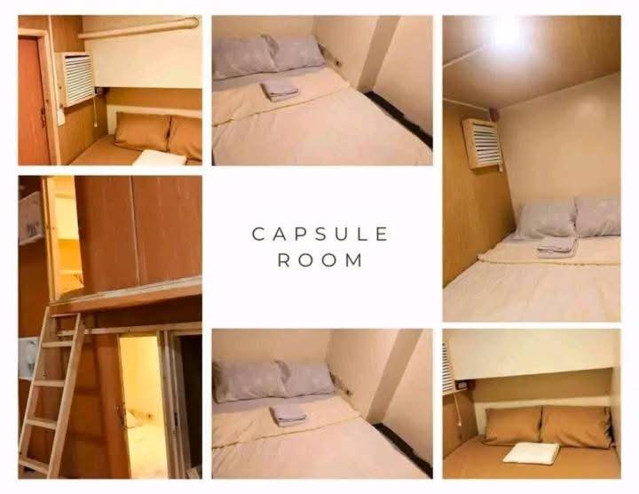 a collage of pictures of a room with a bed at Capsule bed room in Manila