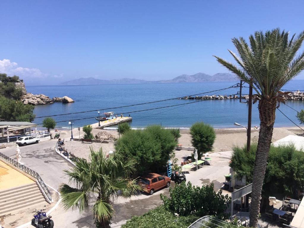 een uitzicht op een strand met een palmboom en de oceaan bij Apostolakis Rooms in Agios Kirykos