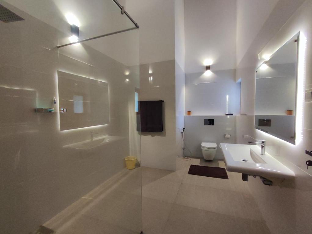 ネゴンボにあるParrot Paradise Negomboの洗面台とトイレを備えた白いバスルーム