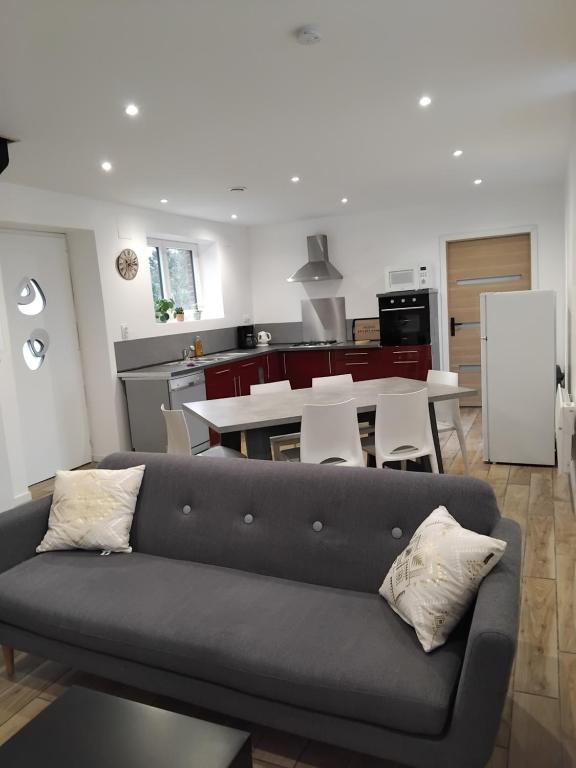 EnglefontaineにあるLe Petit Atelierのソファとキッチンのあるリビングルーム