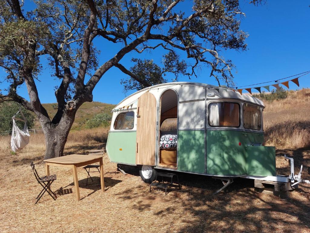 an old green and wooden caravan parked next to a tree at Lost Paradise - Cosy Wagon in Sabóia