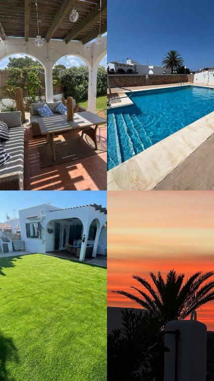 a collage of pictures of a pool and a house at Menorca Palm Villa in Cala en Blanes