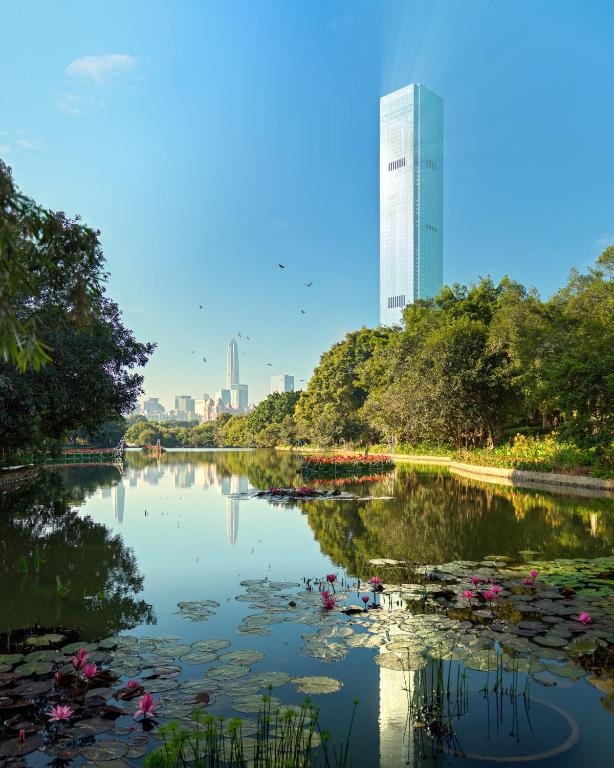 深圳Mandarin Oriental, Shenzhen的公园内的一个池塘,有一座建筑的背景