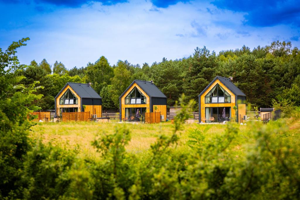 Tres casas en un campo con árboles al fondo en Stodoły Pod Gajem z Balią i Sauną, en Trzebniów