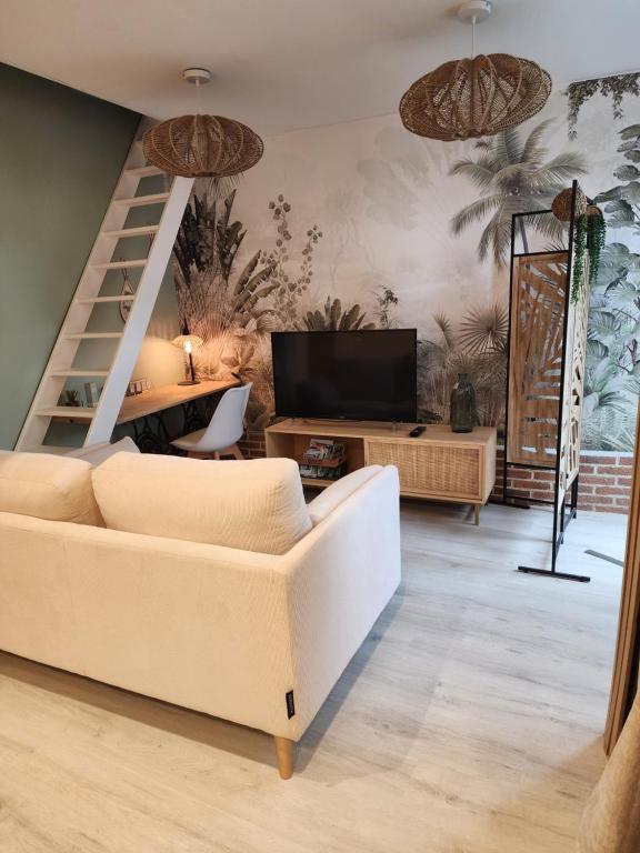 a living room with a white couch and a television at Le Cocon de bord de Seine in La Mailleraye-sur-Seine