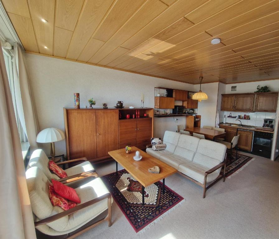 a living room with a couch and a table at Modern & Vintage Bocksbergblick Ferienpark Hahnenklee in Hahnenklee-Bockswiese