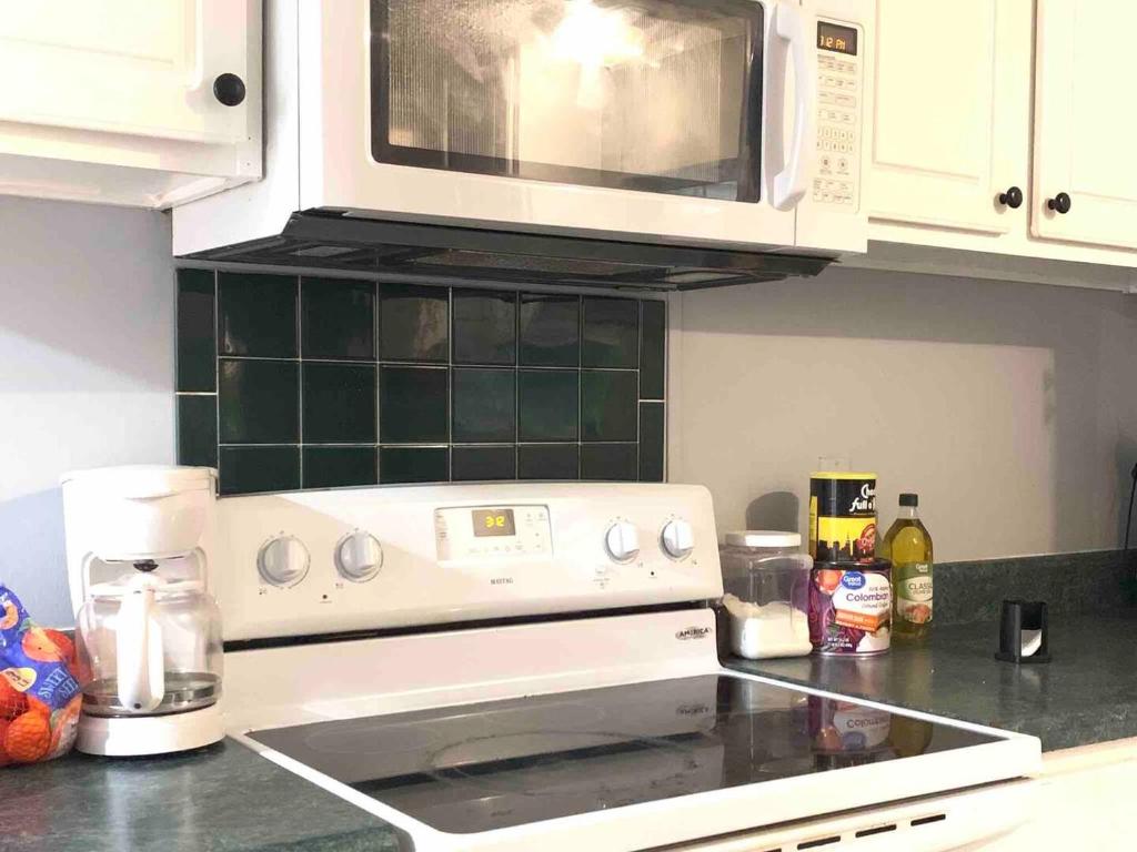 EatontonにあるBeloved Cabin - Zen Retreat Domeのキッチン(コンロ上の電子レンジ付)