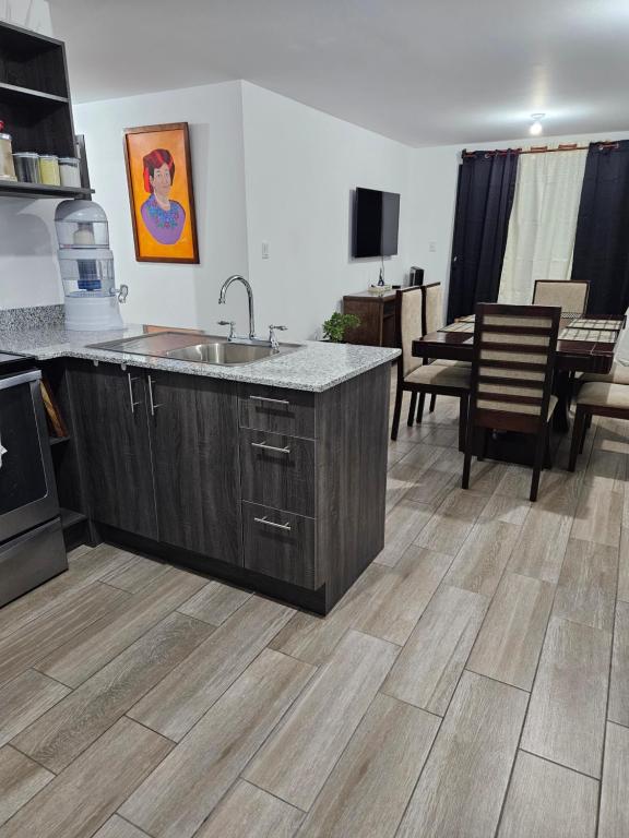 a kitchen with a sink and a living room at Casa Lina in Boca Monte