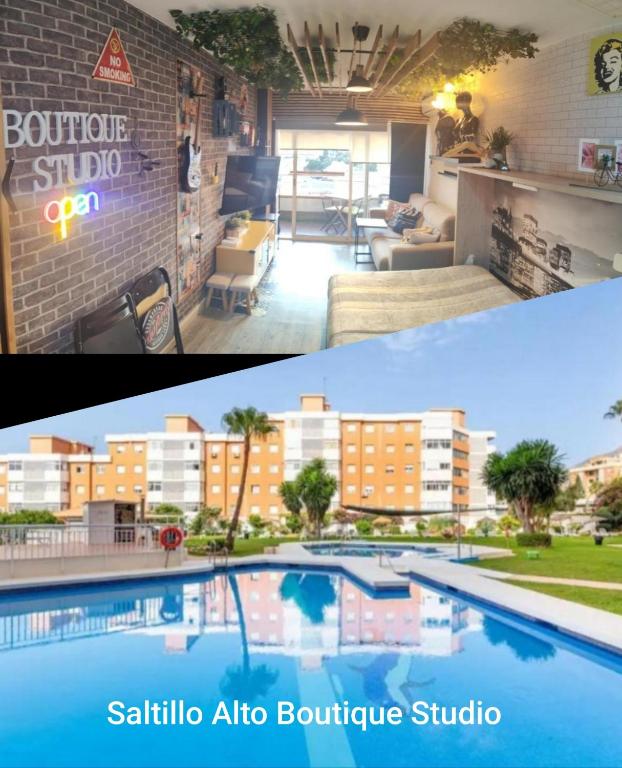 two pictures of a apartment with a swimming pool at Saltillo Alto Boutique Studio in Torremolinos