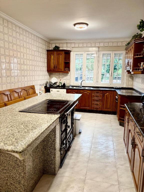 a kitchen with a counter and a stove top oven at Aloe Cela in Outeiro de Rei