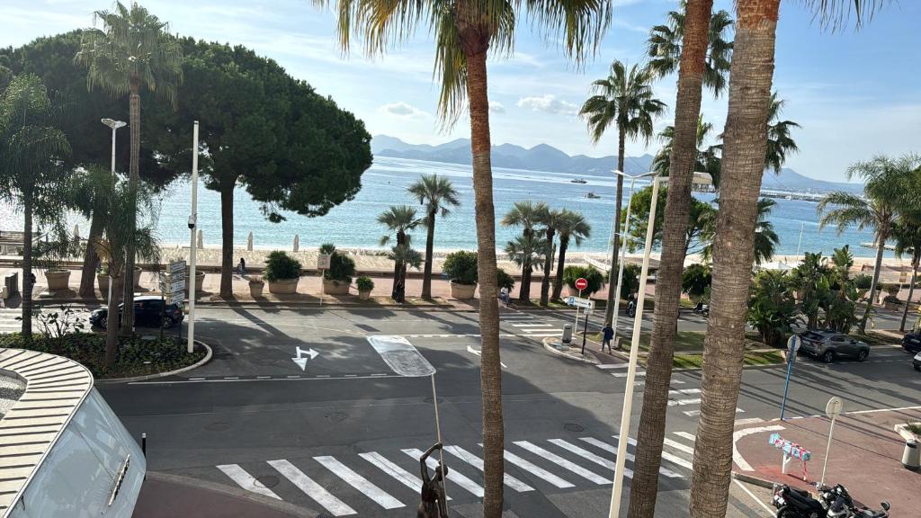 Elle offre une vue sur une rue bordée de palmiers et l'océan. dans l'établissement center of cannes, à Cannes