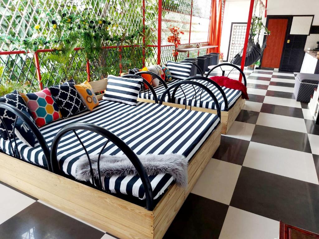 a row of beds sitting on a checkered floor at Kingston Manor Vacation Homes in Kingston