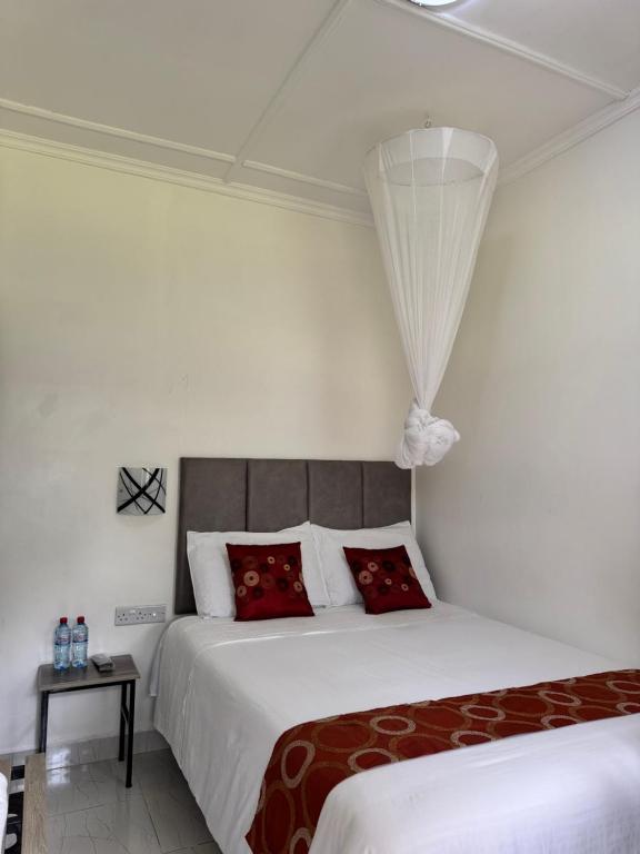 een slaapkamer met 2 bedden en rode kussens bij Lion Hill Place in Nakuru