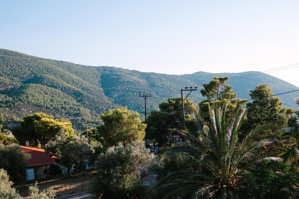 a mountain view of a town with trees and mountains at Villarose Suite HotTub SunsetView in Porto Germeno