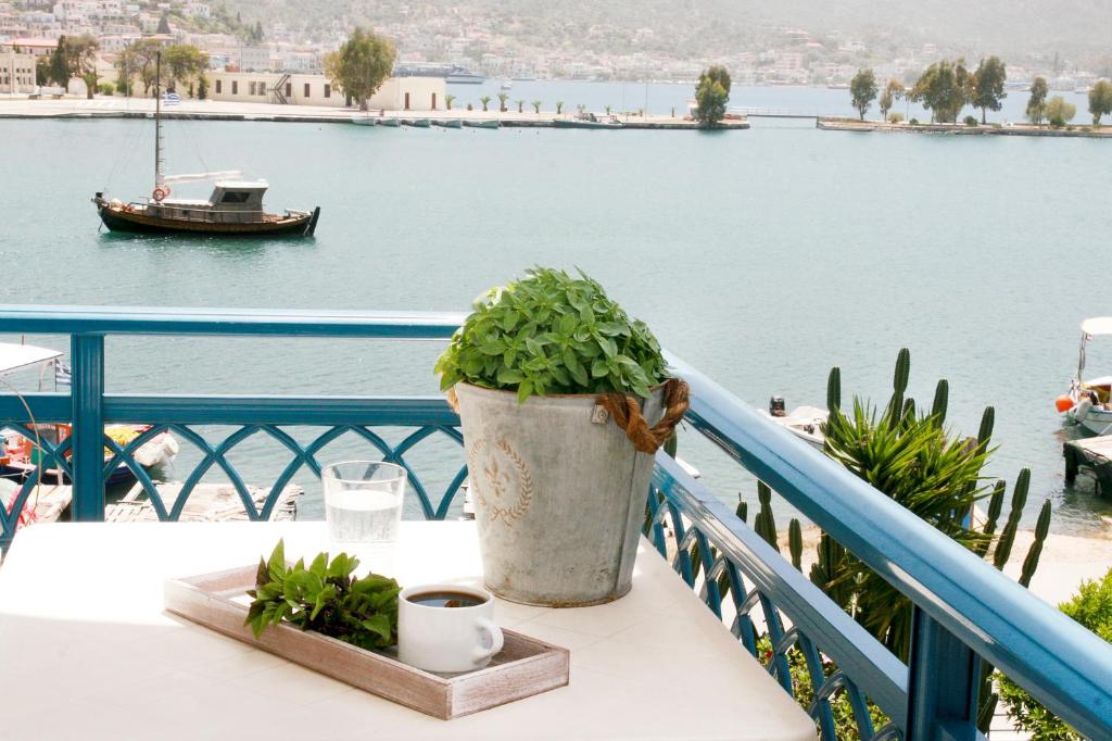 a plant in a pot sitting on a table on a balcony at Drossinos Studios in Poros