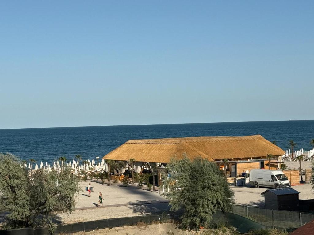 a building with a straw roof next to the ocean at Axxis C102 in Mamaia