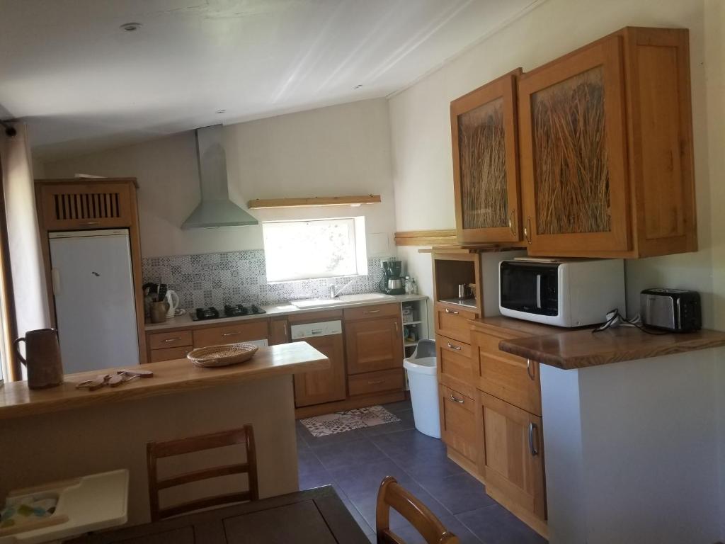 a kitchen with wooden cabinets and a counter top at appartement familial - Beau jardin in Sauveterre-de-Rouergue