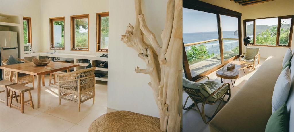a living room with a table and chairs and a tree at Kini Resort - Oceanfront Bamboo Eco Lodges in Sekongkang