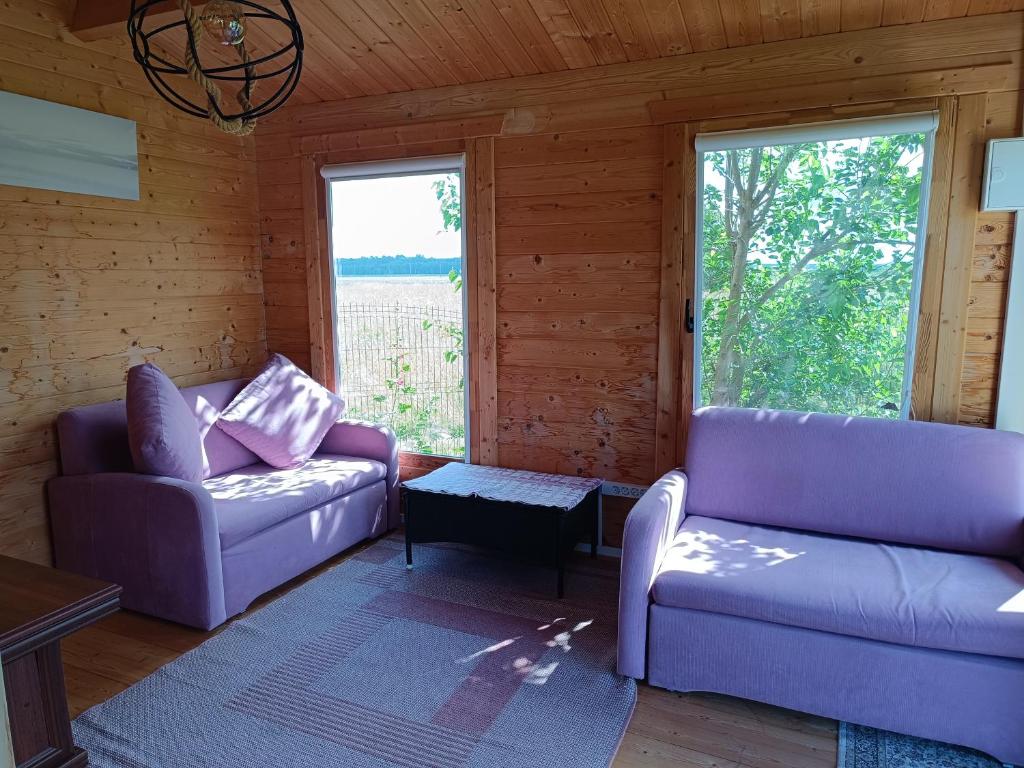 un soggiorno con 2 divani viola e una finestra di Namelis Karklėje a Karklė