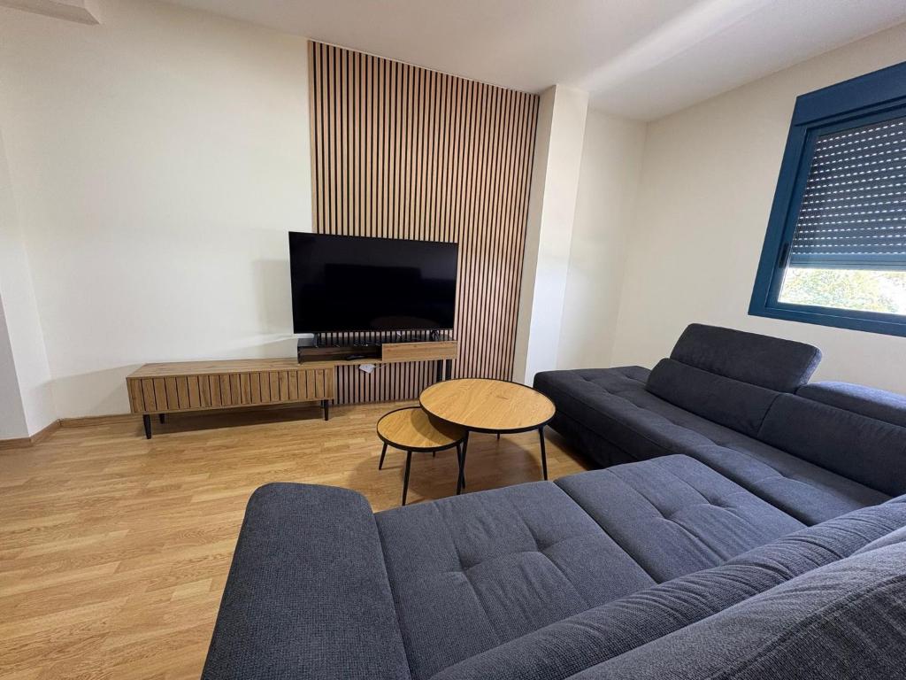 Una sala de estar con un sofá y un televisor. en Seira Apartment, en Burriana
