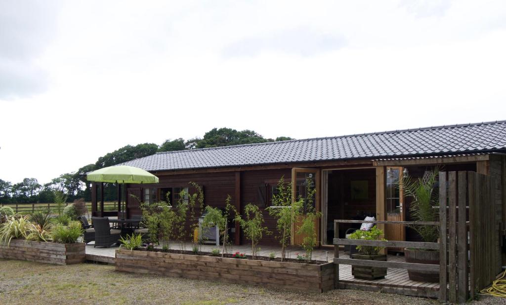 una piccola casa con patio e ombrellone di Monart Farm Lodge a Milehouse