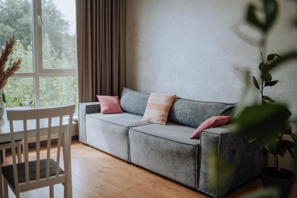キシナウにあるQuiet 1BR Retreat 2min to Transit and Shopsのリビングルーム(ピンクの枕とグレーのソファ付)