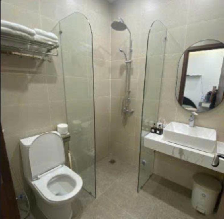 a bathroom with a toilet and a sink and a mirror at Emirlan Homestay in Hue