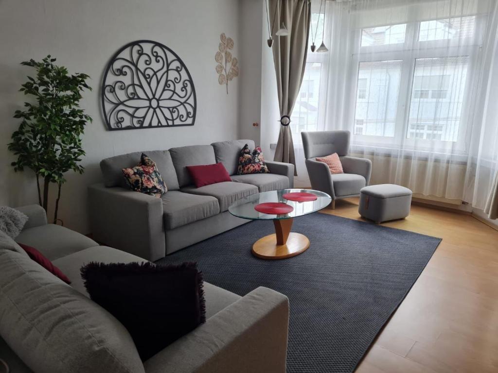 a living room with a couch and a table at Apartment BOZ Solingen 100m2 in Solingen