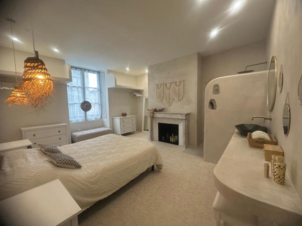 a bedroom with a large bed and a fireplace at Haussmannien à la Cathédrale de Bayonne in Bayonne