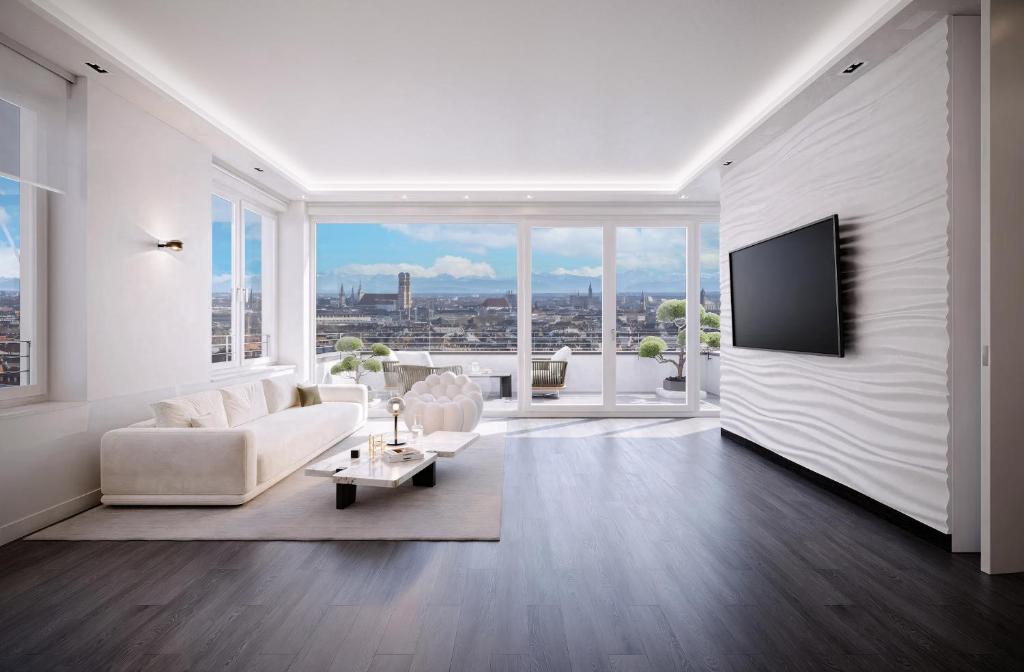 Una sala de estar con un sofá blanco y un televisor. en Munichs No1 Luxury Sky Terrace Penthouse with Unlimited Panoramic City and Alps Views, en Múnich