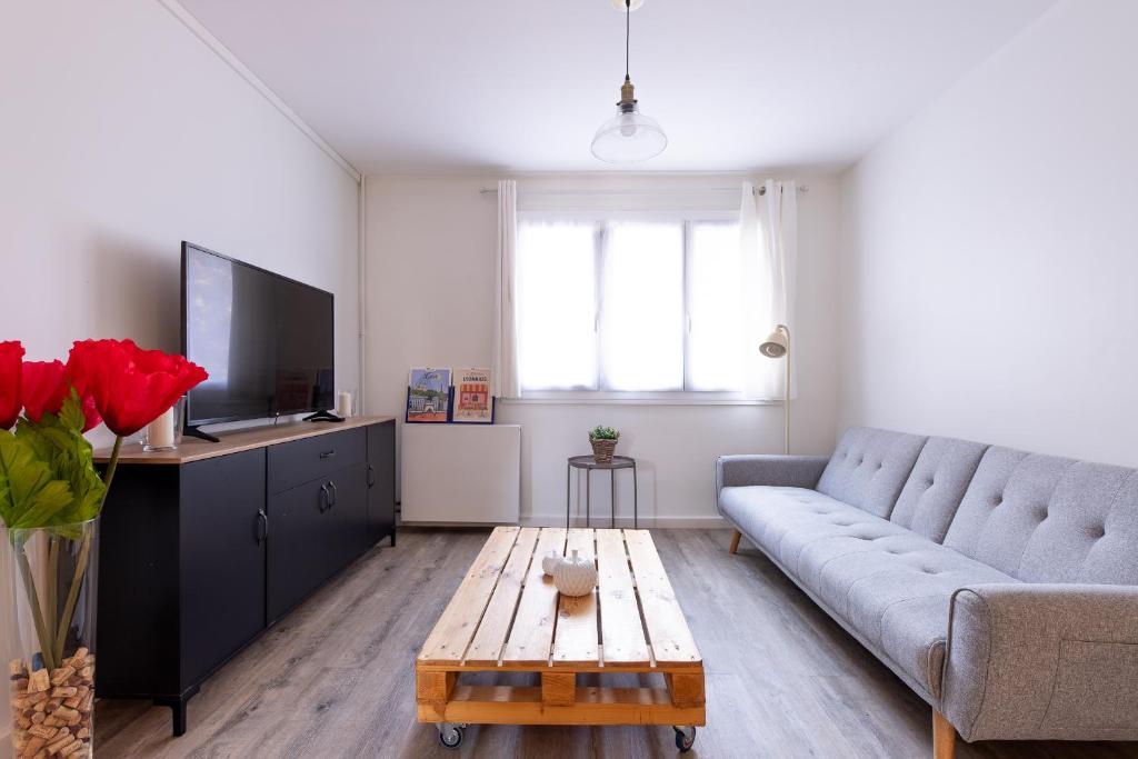 TV a/nebo společenská místnost v ubytování Le Jules, 3 chambres, parking à Vénissieux