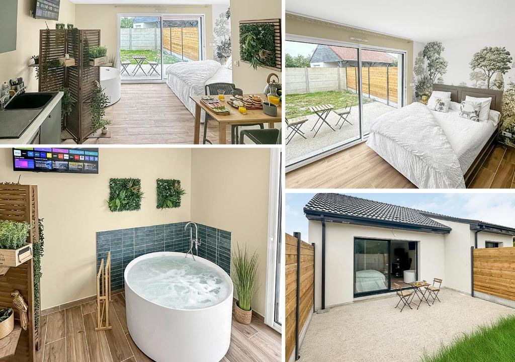 un collage di quattro foto di una casa di La Parenthèse Végétale - Maison cosy et apaisante a Rang-du-Fliers
