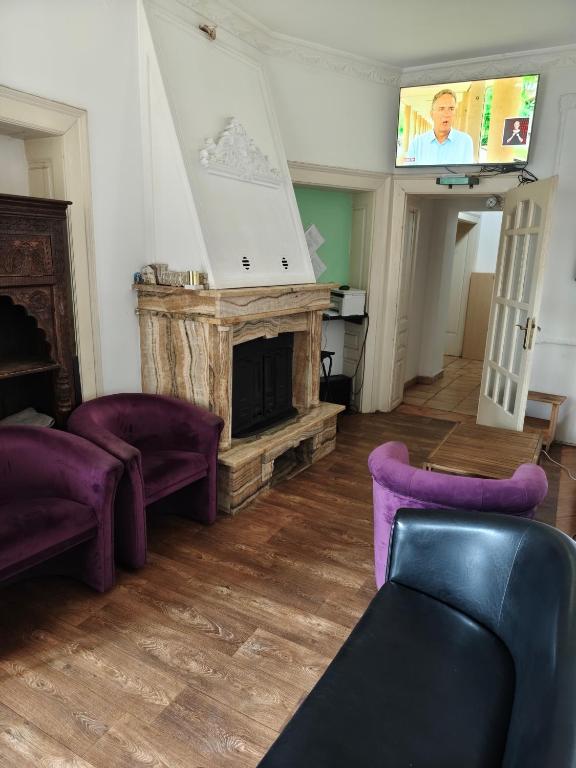 a living room with purple furniture and a flat screen tv at TARAS Hostel in Belgrade
