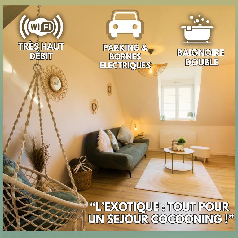a living room with a hammock in a room at L'Exotique Baignoire Double Cozy Duplex in Haguenau