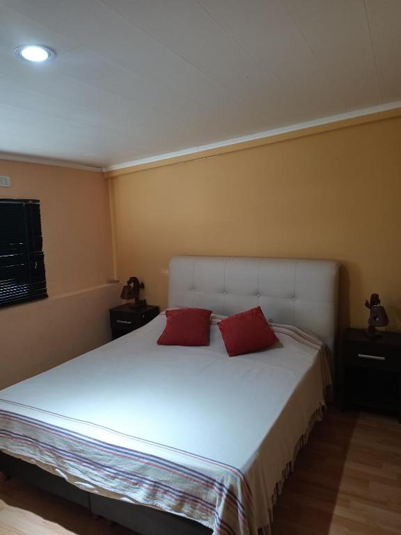 a bedroom with a large white bed with two red pillows at Colon M in Colón