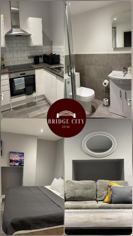 a collage of photos of a kitchen and a bathroom at Chic Maidstone getaway in Maidstone