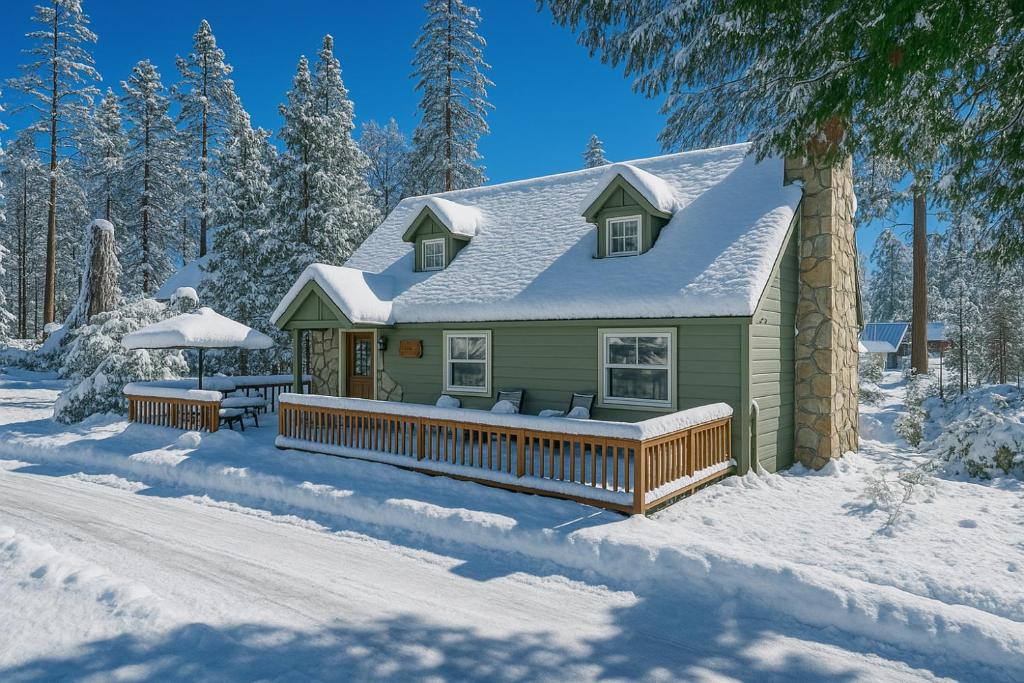 a green house with a deck in the snow at Buckeye Bear's Den-ac-walking Distance To Town in Shaver Lake