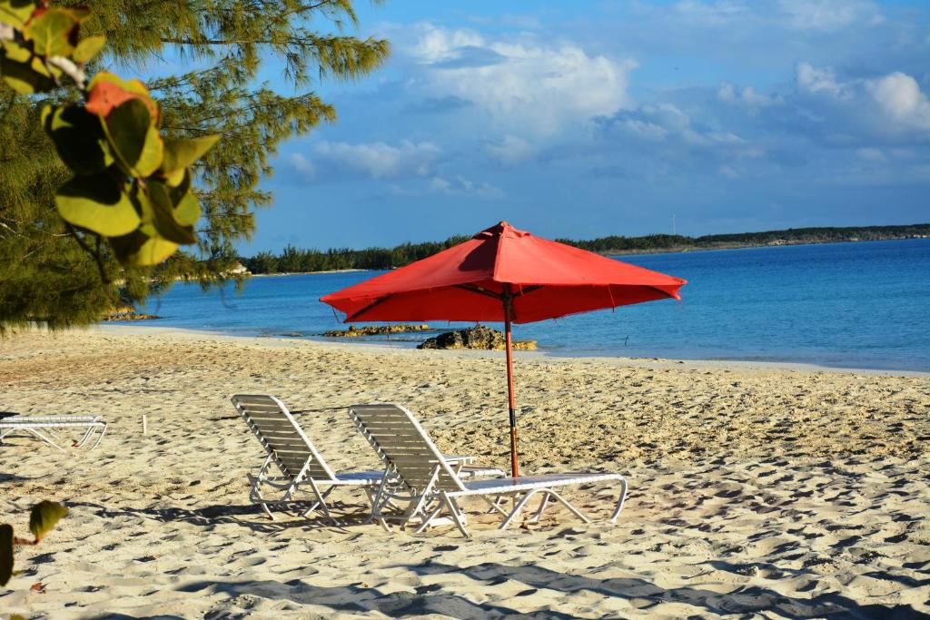 two chairs and an umbrella on a beach at Pigeon Cay Beach Club in Rokerʼs