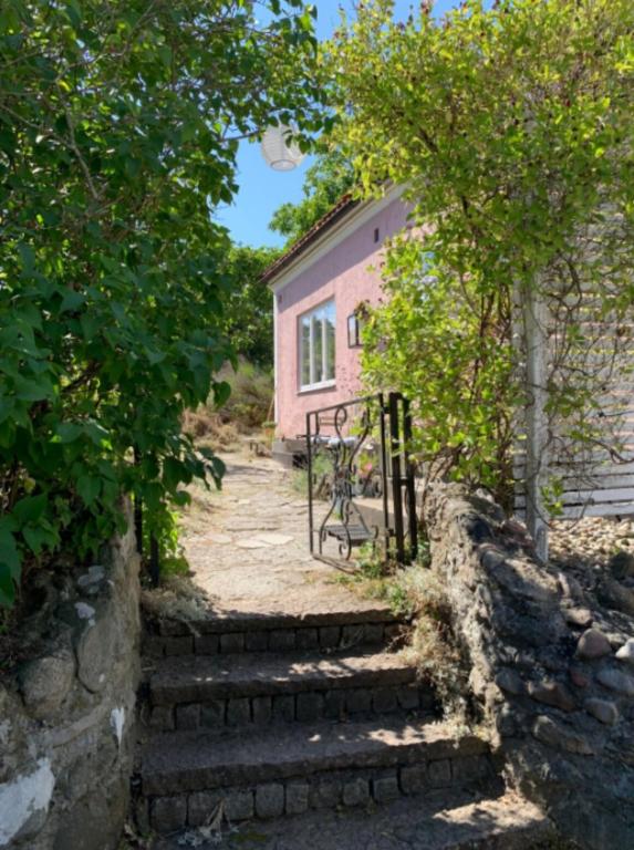 a set of stairs leading to a pink building at Mysigt stenhus i Simrishamn in Simrishamn