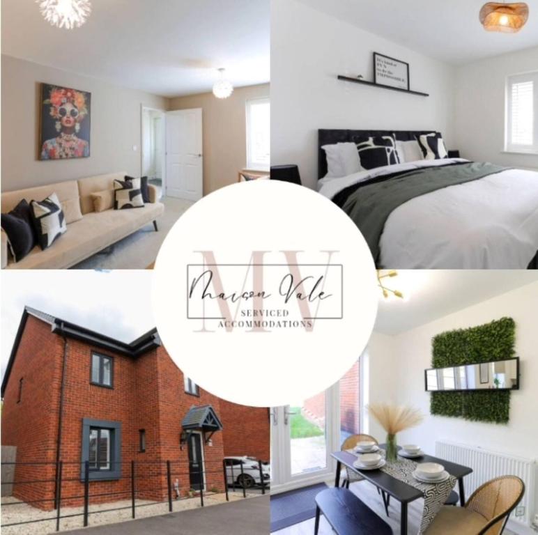 eine Collage mit Fotos von einem Schlafzimmer und einem Wohnzimmer in der Unterkunft Modern 4BR House in the Centre Spacious & Ideal for Families and Contractors in Lawley Bank