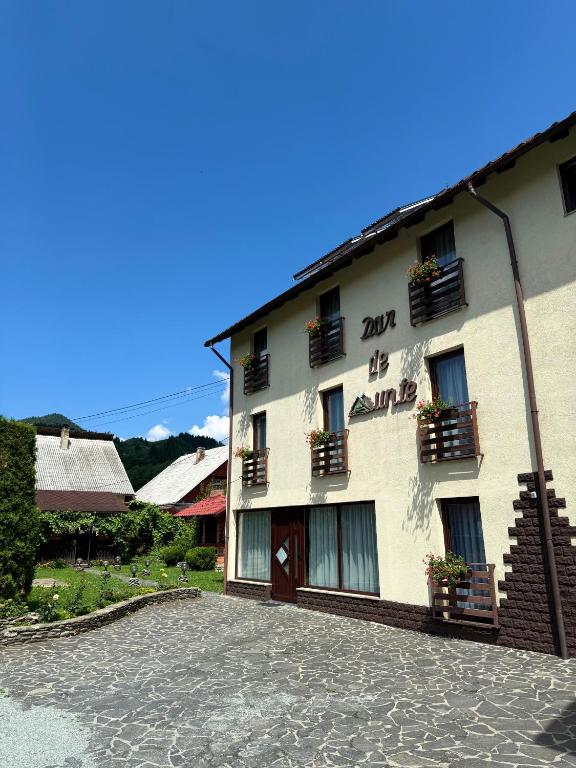 a building with windows and balconies on a street at Dor de munte in Borşa