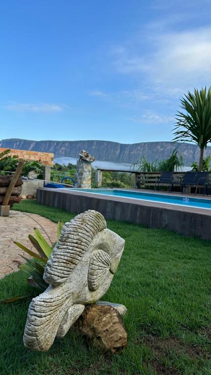 a statue of a fish sitting on a log at Casa Pedra da Canastra in São José do Barreiro