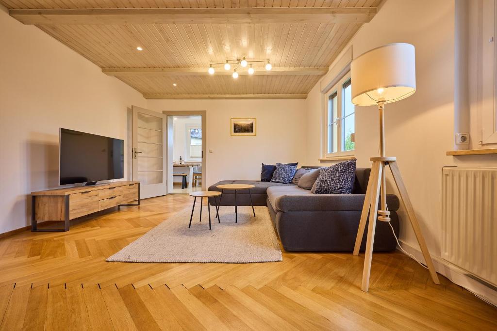a living room with a couch and a flat screen tv at Idyllische Ruhe Der Villa Hedwig in Kurort Gohrisch